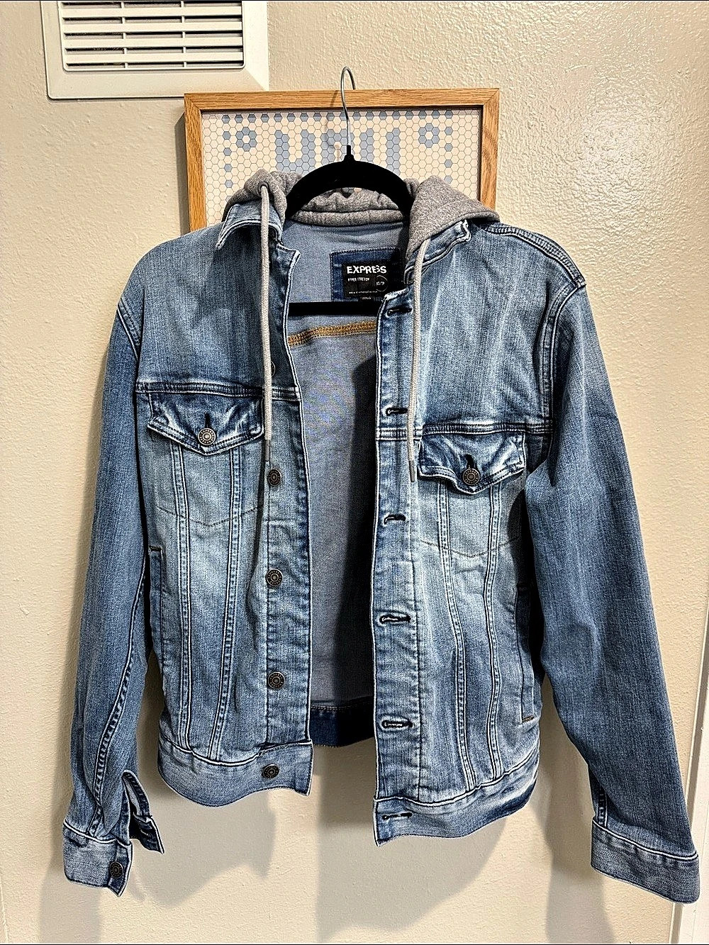Express Hyper Stretch Hooded Denim Jacket Blue & Gray XS